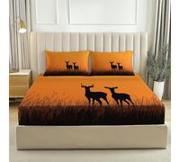 Fitted Sheet Deer Silhouette Dusk with 2 Envelope Pillowcases - Soft Microfiber Sheets 30cm Deep Fit King Bed Sheet Luxury Design Bedding Sheets Orange