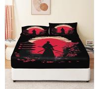 Fitted sheet Double Anime Samurai Silhouette Microfiber 30cm Deep Fitted Bed Sheet Black Sheet Soft Brushed Microfiber Easy Care Fade Resistant Breathable Fitted Sheet