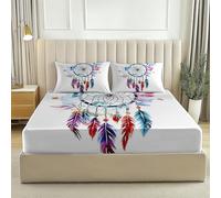 Fitted Sheet Double Size 30 cm Deep Pocket Microfiber Bed Sheets, Soft Breathable Cute Fantasy Dream Catcher Pattern Bedding - Cream Shrinkage and Fade Resistant Bedding Set