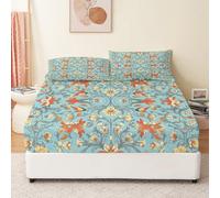 Fitted Sheet Double Size 30 cm Deep Pocket Microfiber Bed Sheets, Soft Breathable William Morris Flowers And Birds Pattern Bedding - Blue-Green Shrinkage and Fade Resistant Bedding Set