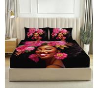 Fitted Sheet Elegance Peony Flowers African Lady Anti-Wrinkle Soft Microfiber Fitted Sheet Deep Pocket 30 cm, King Size 150 x 200 cm Shrinkage and Fade Resistant Sheet Pink Black