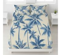 Fitted Sheet European Double 135 x 200 CM - Soft Brushed Microfiber Bedding Set with 30cm Deep Pocket Bottom Sheet Blue Bed Sheets Vintage Plants Palm Trees Easycare Wrinkle & Fade Resistant