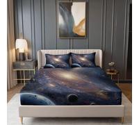 Fitted Sheet Fantasy Galaxies Universe Print, Soft Comfy Microfibre Single Size Fitted Sheet with 2 Pillowcase - Dark Purple Bedding Sets Deep Pocket 12 inch for Adolescents