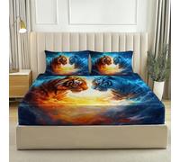 Fitted Sheet Fantasy Tiger Water Splash Flame Anti-Wrinkle Soft Microfiber Fitted Sheet Deep Pocket 30 cm, Double Size 140 x 190 cm Shrinkage and Fade Resistant Sheet Blue Orange