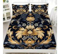 Fitted Sheet King 60x80 inch Ultra Soft Microfibre Wrinkle Free European Style Luxurious Abstract Patterns Fitted Bed Sheets - Deep Pocket 12", Gold Double Bedding Sheets with 2 Pillowcase