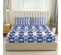 Fitted Sheet King Size 30 cm Deep Pocket Microfiber Bed Sheets, Soft Breathable Simple Diamond Geometry Pattern Bedding - Blue Shrinkage and Fade Resistant Bedding Set