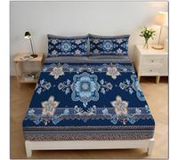 Fitted Sheet Mandala Flower150x200x30 cm, Retro Boho Style Sheet for King Size Bed Easy to Care 30cm Extra Deep Fitted Bed Sheets with 2 Pillow, Blue
