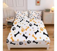 Fitted Sheet Paw Print Bones135x190x30cm, Cute Cartoon Sheet for Double Size Bed Easy to Care 30cm Extra Deep Fitted Bed Sheets with 2 Pillow, White