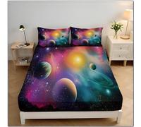 Fitted Sheet Planet Universe90x190x30 cm, Dream Space Sheet for Single Size Bed Easy to Care 30cm Extra Deep Fitted Bed Sheets with 2 Pillow, Multicolor