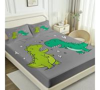 Fitted Sheet Printed, Cartoon Dinosaur Love Heart theme Soft Elasticity Wrinkle Resistant Green Cyan Fitted Sheet, 35" x 75" for Single Double King Soft Brushed Microfiber Bedding