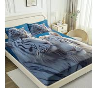 Fitted Sheet Printed, Cute Animal Tiger theme Soft Elasticity Wrinkle Resistant White Blue Fitted Sheet, 53" x 75" for Single Double King Soft Brushed Microfiber Bedding
