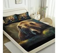 Fitted Sheet Printed, Fantasy Forest Bear theme Soft Elasticity Wrinkle Resistant Green Brown Fitted Sheet, 71" x 79" for Single Double King Soft Brushed Microfiber Bedding