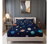 Fitted Sheet Retro Style Cartoons Galaxies Universe Print, Soft Comfy Microfibre Super King Size Fitted Sheet with 2 Pillowcase - Navy Blue Bedding Sets Deep Pocket 12 inch for Adolescents