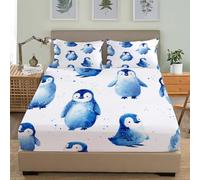 Fitted Sheet Set 3 Piece 4ft Small Double 48x75 inch Cute Penguin Pattern Soft Brushed Microfibre Fitted Sheet Deep pockets 30 cm, Blue Fade-Resistant and Breathable Bedding Sets With 2 Pillowcases