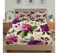 Fitted Sheet Set 3 Piece 4ft Small Double 48x75 inch Watercolor Peony Florals Pattern Soft Brushed Microfibre Fitted Sheet Deep pockets 30 cm, Pink Purple Fade-Resistant and Breathable Bedding Sets