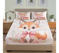 Fitted Sheet Set 3 Piece Double 54x75 inch Childlike Fox Pattern Soft Brushed Microfibre Fitted Sheet Deep pockets 30 cm, Pink Fade-Resistant and Breathable Bedding Sets With 2 Pillowcases