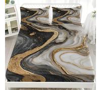 Fitted Sheet Set 3 Piece King 60x80 inch Abstract Artistic Fluid Marble Soft Breathable Microfibre Fitted Sheet Deep pockets 30 cm Gold Bedding Sets With 2 Pillowcases