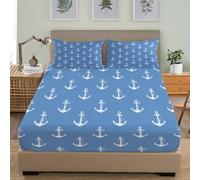 Fitted Sheet Set 3 Piece King 60x80 inch White Nautical Elements Soft Brushed Microfibre Fitted Sheet Deep pockets 30 cm, Blue Fade-Resistant and Breathable Bedding Sets With 2 Pillowcases