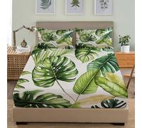Fitted Sheet Set 3 Piece Super King 72x80 inch Simple Tropical Plants Soft Brushed Microfibre Fitted Sheet Deep pockets 30 cm, Green Fade-Resistant and Breathable Bedding Sets With 2 Pillowcases