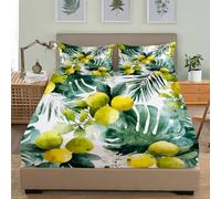 Fitted Sheet Set 3 Piece Super King 72x80 inch Tropical Palm Leaves And Fruits Soft Brushed Microfibre Fitted Sheet Deep pockets 30 cm, Green Fade-Resistant and Breathable Bedding Sets