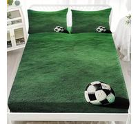 Fitted Sheet Set Bedding Double 54x75 inch, 30 cm Deep Pocket Cloud Football Theme Sheet & Pillowcase Sets, Super Soft Hypoallergenic Brushed Green Lawn Fitted Bed Sheets for Children Adults