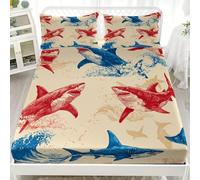 Fitted Sheet Single 36x75 inch Ultra Soft Microfibre Wrinkle Free Beige Fitted Bed Sheets - Deep Pocket 12", Hand Drawn Vintage Shark kids Bedding Sheets with 2 Pillowcase