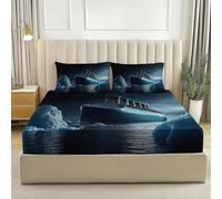 Fitted Sheet Single 90 × 190 cm, Deep Pocket 30cm Bottom Sheet - Modern Titanic Glacier Night Sky Printed - Black Soft Brushed Microfibre Fabric - Shrinkage and Fade Resistant - Hotel Quality