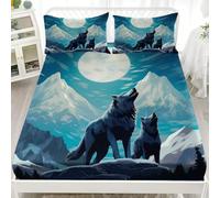Fitted Sheet Single 90x190 cm Mountain Wolf Moon Art Bedding Sets - Easy Care 30cm Deep Pockets Breathable Mattress Cover Blue Elastic Corners - Washable Fitted Sheet