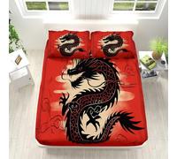 Fitted Sheet Single 90x190cm Red Chinese Dragon Bed sheet Deep Pocket 30 cm - Soft Brushed Microfiber Fabric - Shrinkage and Fade Resistant, Double Bed Fitted Sheets