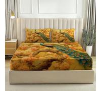 Fitted Sheet Single Soft Brushed Microfiber Easy Peacock And Flowers Chinese Classical Style Care Fade Resistant Breathable Bedding Luxury Polycotton Bed Sheet Blue Orange
