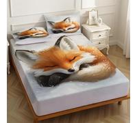 Fitted Sheet Snow fox Set 140 x 190 cm 25cm Deep Pocket Brushed Microfiber with 2 Pillowcases White Bedding