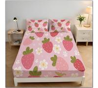 Fitted Sheet Strawberry Flower90x190x30 cm, Cute Dreamy Sheet for Single Size Bed Easy to Care 30cm Extra Deep Fitted Bed Sheets with 2 Pillow, Pink