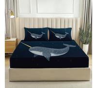 Fitted Sheet Super King Bed 180 x 200 cm, Extra Deep 30cm Extra Deep Pocket Cartoon Marine Animals Narwhal Printed Mattress Cover - Soft Breathable Quality Bed Linen Wrinkle Free, Black