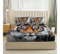 Fitted Sheet super king Size 30 cm Deep Pocket Microfiber Bed Sheets, Soft Breathable Abstract Fierce Animal Tiger Pattern Bedding - Grey Shrinkage and Fade Resistant Bedding Set