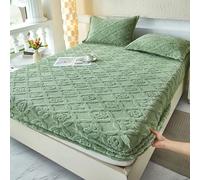 Fitted Sheet Super King Size, Green Fitted Sheets Solid Color with Leaves Pattern Flannel 71"W x 79"L 1 Piece
