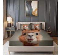 Fitted Sheet Surrealism Animals Alpacas Print, Soft Comfy Microfibre Small Double Size Fitted Sheet with 2 Pillowcase - Brown Bedding Sets Deep Pocket 12 inch for Adolescents