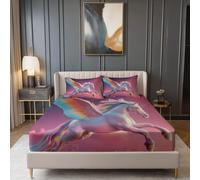 Fitted Sheet Surrealism Animals Horses Print, Soft Comfy Microfibre Super King Size Fitted Sheet with 2 Pillowcase - Pink Bedding Sets Deep Pocket 12 inch for Adolescents
