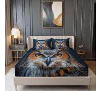 Fitted Sheet Surrealism Oil Paintings Owls Print, Soft Comfy Microfibre Single Size Fitted Sheet with 2 Pillowcase - Dark Blue Bedding Sets Deep Pocket 12 inch for Adolescents