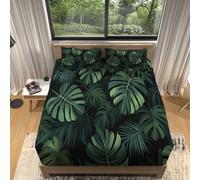 Fitted Sheet Ultra Soft Microfibre 63" X 79" 160 X 200 Cm Plants Tropical Leaves Jungle Deep Pocket 30Cm Wrinkle-Free Green Dark Green Non-Slip Elastic Border Washable With 2 Pillowcases