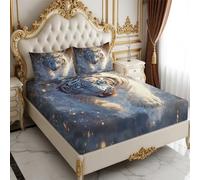 Fitted Sheet White Tiger Set 140 x 190 cm 25cm Deep Pocket Brushed Microfiber with 2 Pillowcases Golden light spots Bedding