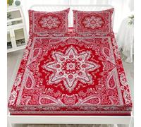 Fitted Sheet With 2 Pillowcases Bohemia Mandala Ethnic Style Bedding Set 30Cm Deep Pockets 54x75 inch For Double Size Sheets Red Microfiber Soft Fade Resistant Bedroom 3 Piece