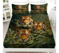 Fitted Sheet With 2 Pillowcases Painted Jungle Tiger Pattern Bedding Set 30Cm Deep Pockets 48x75 inch For 4ft Small Double Size Sheets Green Microfiber Soft Fade Resistant Bedroom 3 Piece