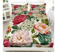 Fitted Sheet With 2 Pillowcases Painted Peony And Rose Florals Bedding Set 30Cm Deep Pockets 48x75 inch For 4ft Small Double Size Sheets Colorful Microfiber Soft Fade Resistant Bedroom 3 Piece