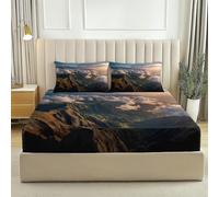 Fitted Sheets 160 x 200 Soft Microfiber Fitted Bed Sheets, Fade Resistant Mountains Sea Of Clouds Magnificent Prints Bedsheets Size with 2 Envelope Pillowcases Brown