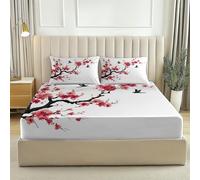 Fitted Sheets 160 x 200 Soft Microfiber Fitted Bed Sheets, Fade Resistant Red Plum Blossoms Magpies Traditional Chinese Prints Bedsheets Size with 2 Envelope Pillowcases Black