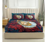 Fitted Sheets 180 x 200 Soft Microfiber Fitted Bed Sheets, Fade Resistant Oysters A Touch Of Luxury Deep Sea Prints Bedsheets Size with 2 Envelope Pillowcases Navy Blue