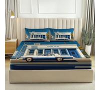 Fitted Sheets 180 x 200 Soft Microfiber Fitted Bed Sheets, Fade Resistant Retro Police Cars Architecture Prints Bedsheets Size with 2 Envelope Pillowcases Blue