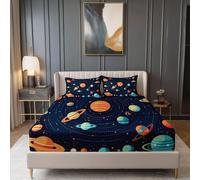 Fitted Sheets - 30 cm Deep, Cartoon Space Planet Texture Printed Fitted Sheet, Dark Blue Soft Brushed Microfiber Bedding Set, Easy Care Fade Resistant Breathable Bed Sheet 122 × 190 cm
