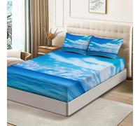 Fitted Sheets - 30 cm Deep, Modern Modern Sea White Clouds Blue Sky Printed Fitted Sheet, Blue Soft Brushed Microfiber Bedding Set, Easy Care Fade Resistant Bed Sheet Super King 180 × 200 cm