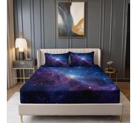 Fitted Sheets 30cm Deep Pocket Double - Soft Microfiber Minimalist Space Galaxy Printed Bedding Set with 2 Pillowcases, Purple Fade Resistant Breathable Bed Sheet for adults children